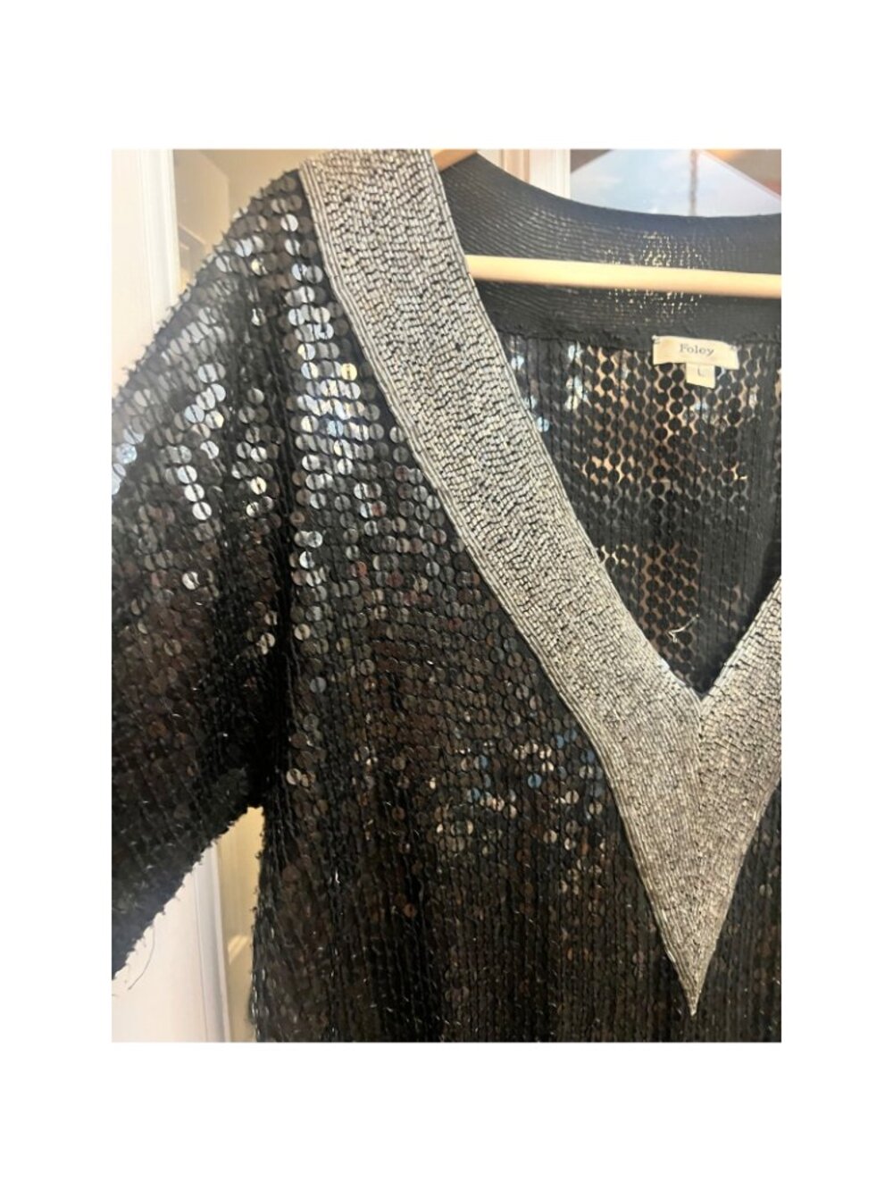 Foley L Black Sequin Silk V Neck Kaftan Dress Tunic Top cocktail formal disco. E - Picture 4 of 8
